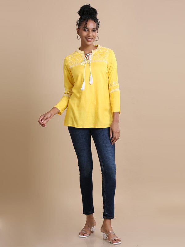 Yellow Full sleeves Rayon Machine work Regular fit Hip length Kurta