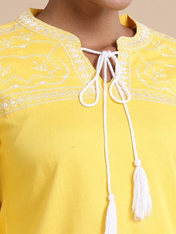 Yellow Full sleeves Rayon Machine work Regular fit Hip length Kurta