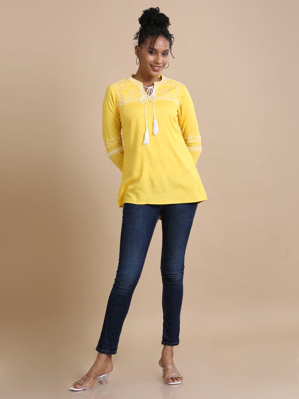 Yellow Full sleeves Rayon Machine work Regular fit Hip length Kurta