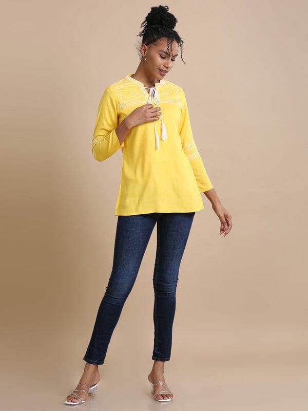 Yellow Full sleeves Rayon Machine work Regular fit Hip length Kurta