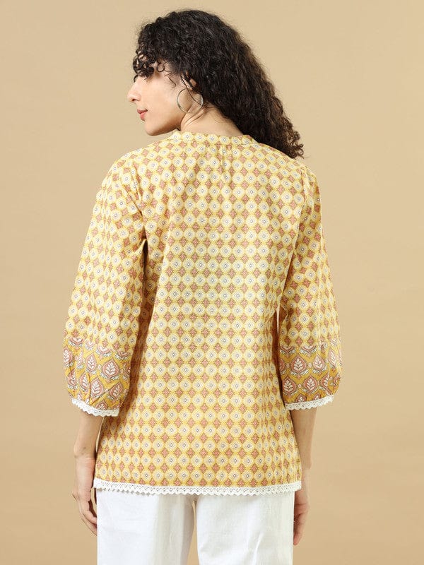 Gold 3/4Th Sleeves Geometric Print/ Block Print Regular Fit Hip Length Kurta