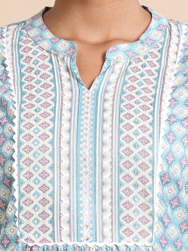 Teal 3/4th sleeves Cotton Geometric print Regular fit Hip length Kurta