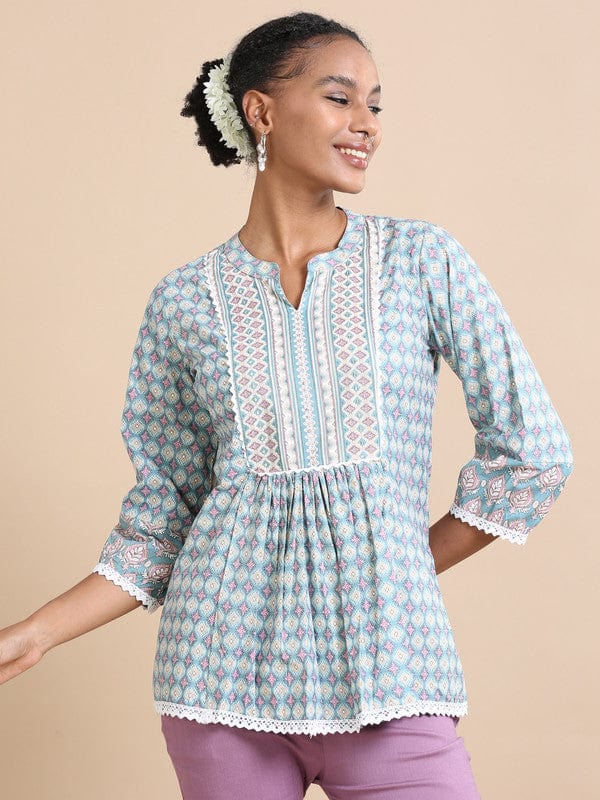 Teal 3/4th sleeves Cotton Geometric print Regular fit Hip length Kurta