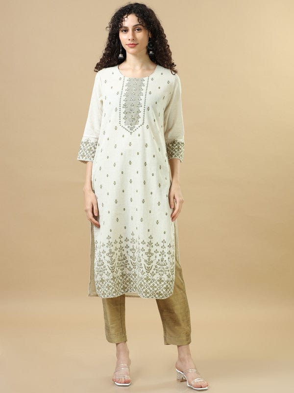 Olive 3/4th Sleeves Lenin Floral Regular fit Calf length Kurta