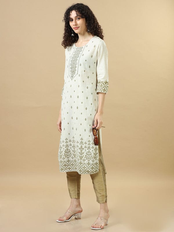 Olive 3/4th Sleeves Lenin Floral Regular fit Calf length Kurta