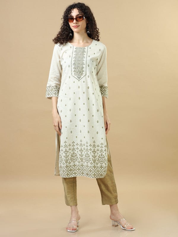 Olive 3/4th Sleeves Lenin Floral Regular fit Calf length Kurta