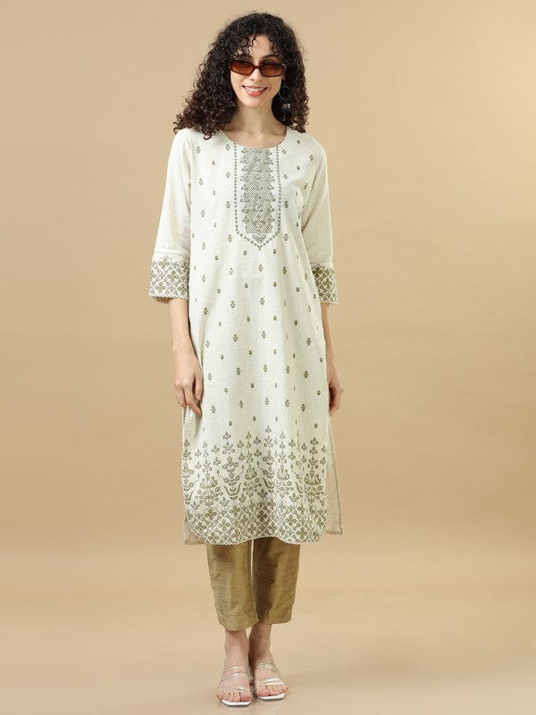 Olive 3/4th Sleeves Lenin Floral Regular fit Calf length Kurta