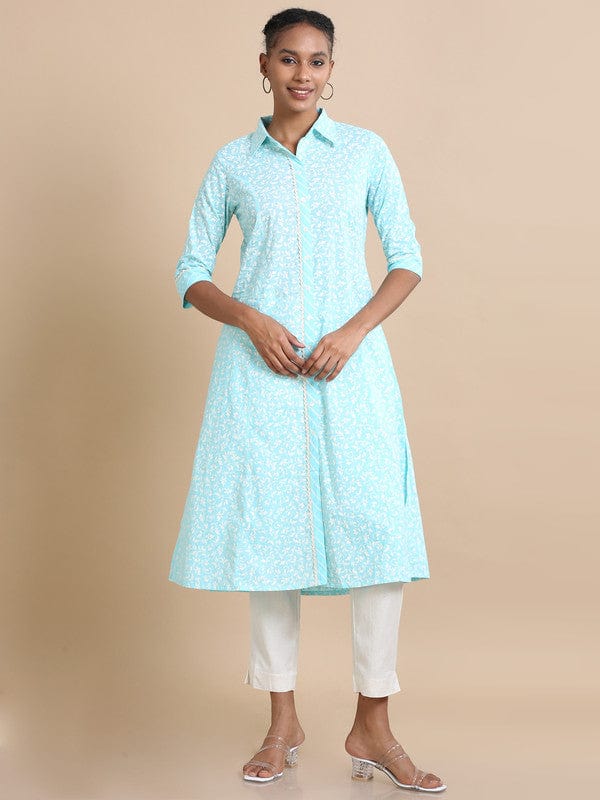 Blue 3/4th sleeves Cotton Floral print Regular fit Calf length Kurta