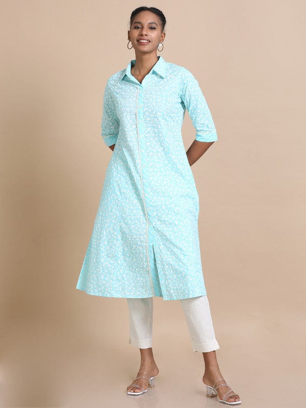 Blue 3/4th sleeves Cotton Floral print Regular fit Calf length Kurta