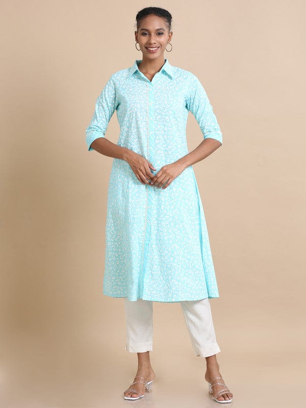 Blue 3/4th sleeves Cotton Floral print Regular fit Calf length Kurta