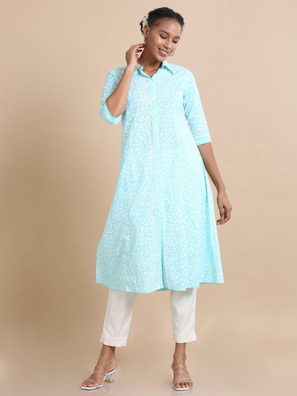 Blue 3/4th sleeves Cotton Floral print Regular fit Calf length Kurta