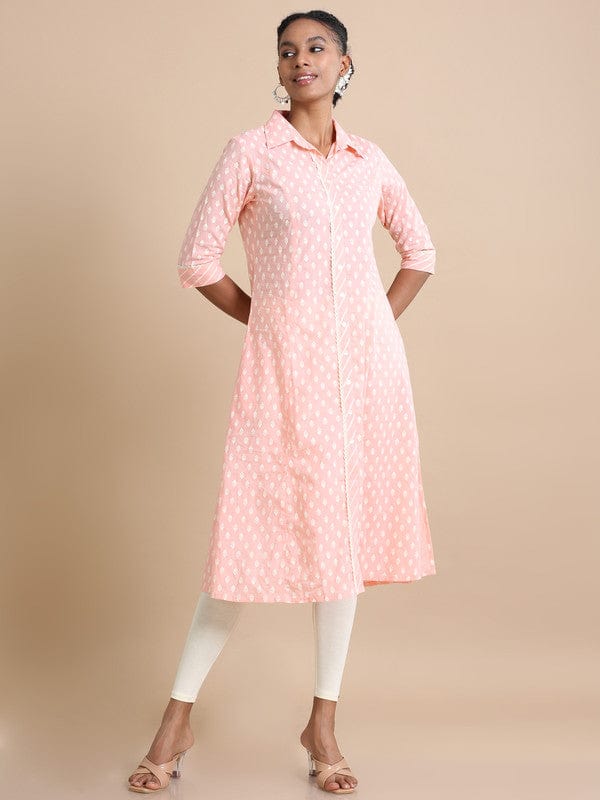 Peach 3/4th sleeves Cotton Floral print Regular fit Calf length Kurta