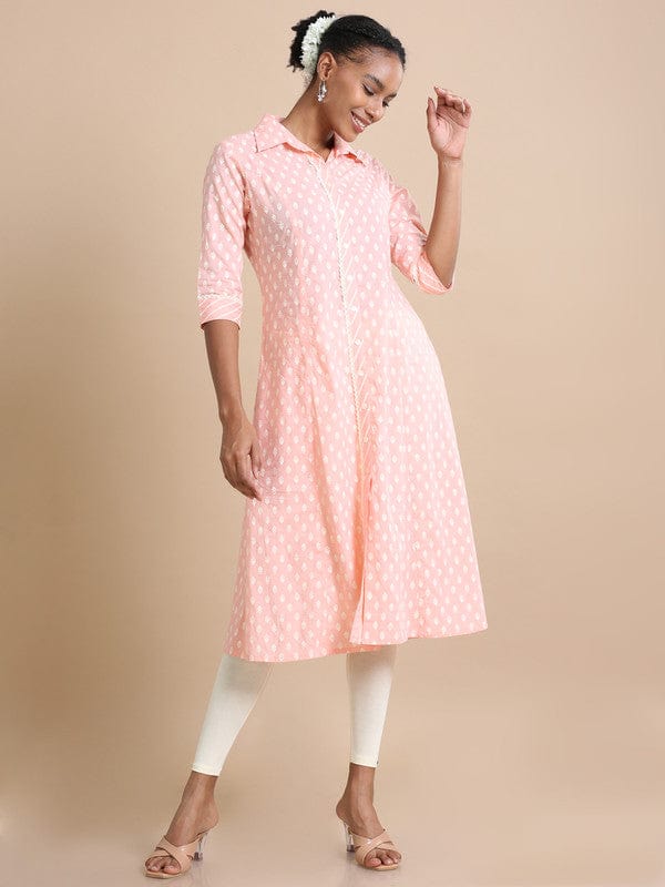 Peach 3/4th sleeves Cotton Floral print Regular fit Calf length Kurta