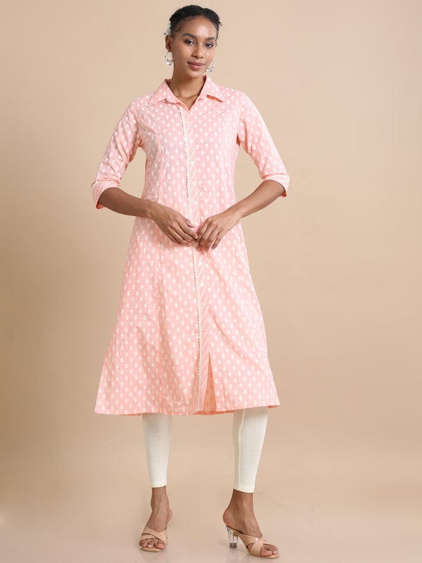 Peach 3/4th sleeves Cotton Floral print Regular fit Calf length Kurta