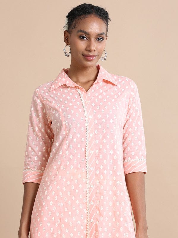 Peach 3/4th sleeves Cotton Floral print Regular fit Calf length Kurta