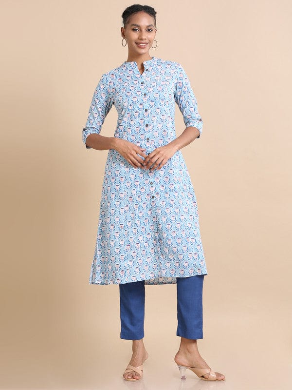 Aqua 3/4th sleeves Cotton Block print  Regular fit Calf length Kurta