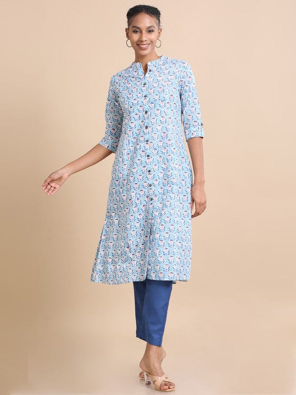 Aqua 3/4th sleeves Cotton Block print  Regular fit Calf length Kurta