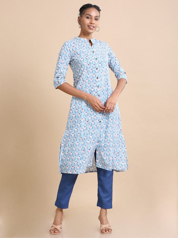 Aqua 3/4th sleeves Cotton Block print  Regular fit Calf length Kurta