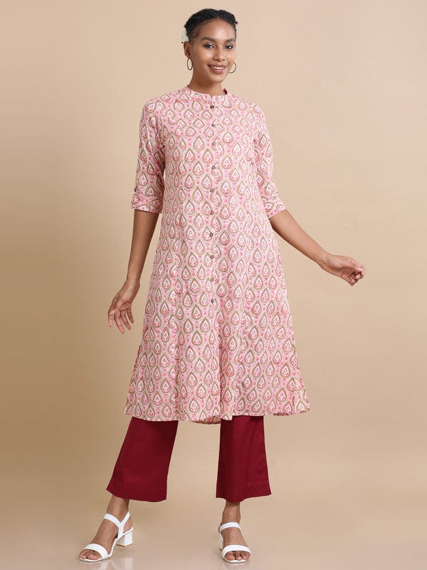 Pink 3/4th sleeves Cotton Block print  Regular fit Calf length Kurta