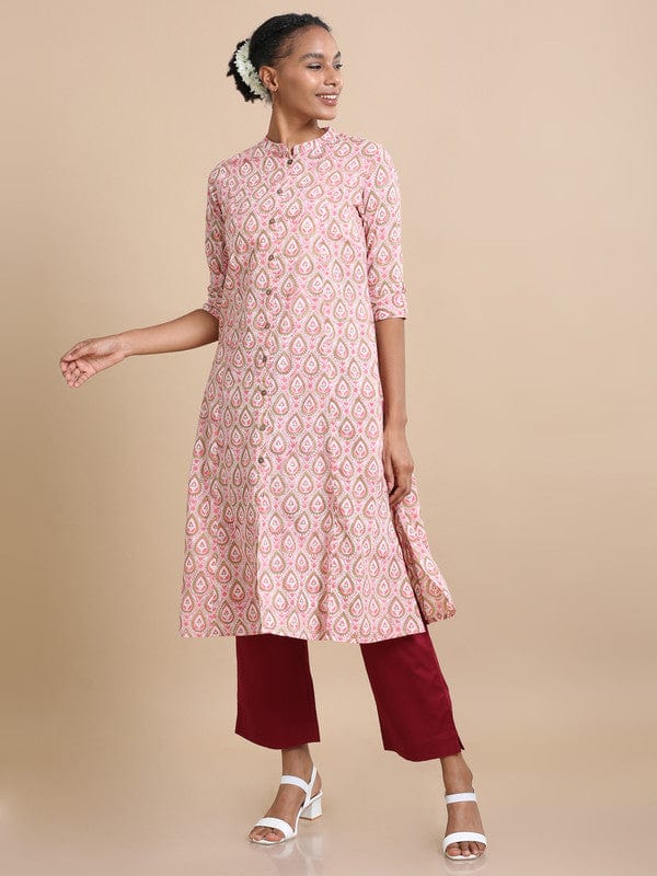 Pink 3/4th sleeves Cotton Block print  Regular fit Calf length Kurta