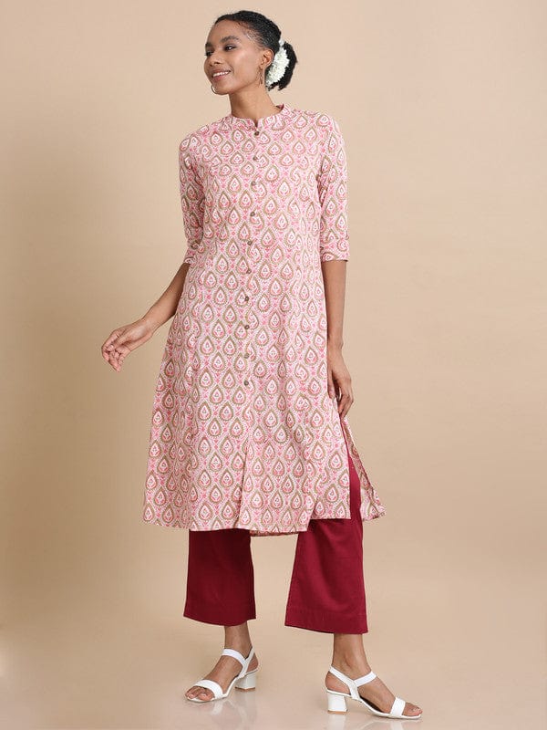 Pink 3/4th sleeves Cotton Block print  Regular fit Calf length Kurta