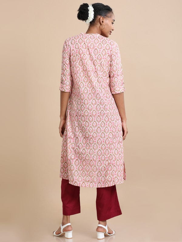 Pink 3/4th sleeves Cotton Block print  Regular fit Calf length Kurta