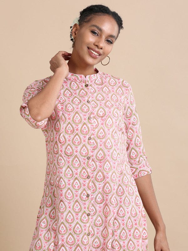 Pink 3/4th sleeves Cotton Block print  Regular fit Calf length Kurta