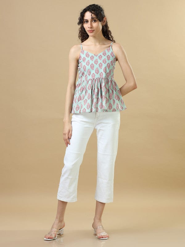 Aqua Sleeveless Cotton Block Print Regular Fit Hip Length Kurta