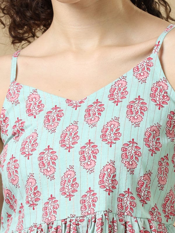 Aqua Sleeveless Cotton Block Print Regular Fit Hip Length Kurta