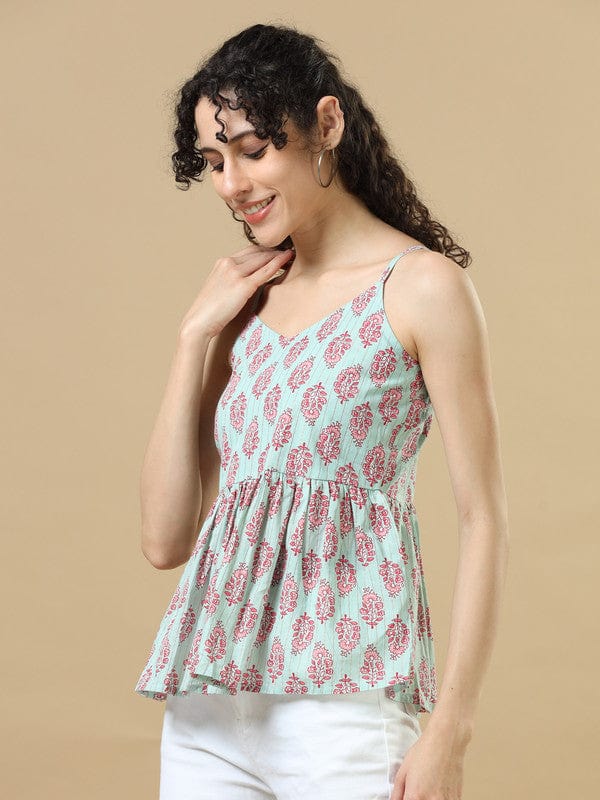 Aqua Sleeveless Cotton Block Print Regular Fit Hip Length Kurta