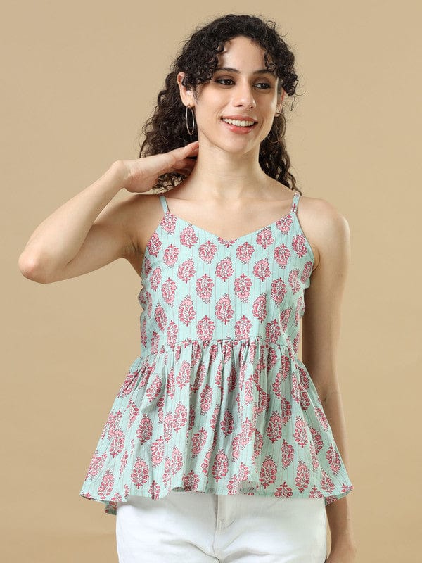 Aqua Sleeveless Cotton Block Print Regular Fit Hip Length Kurta
