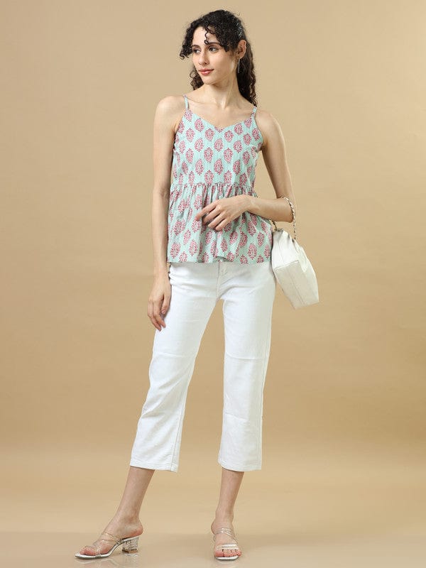 Aqua Sleeveless Cotton Block Print Regular Fit Hip Length Kurta