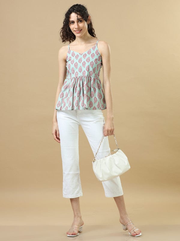 Aqua Sleeveless Cotton Block Print Regular Fit Hip Length Kurta