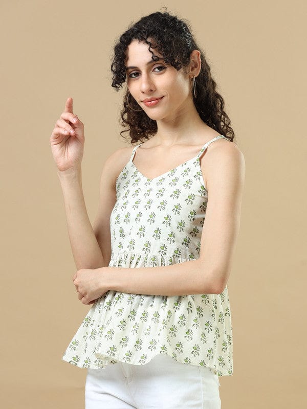 White Sleeveless Cotton Block Print Regular Fit Hip Length Kurta