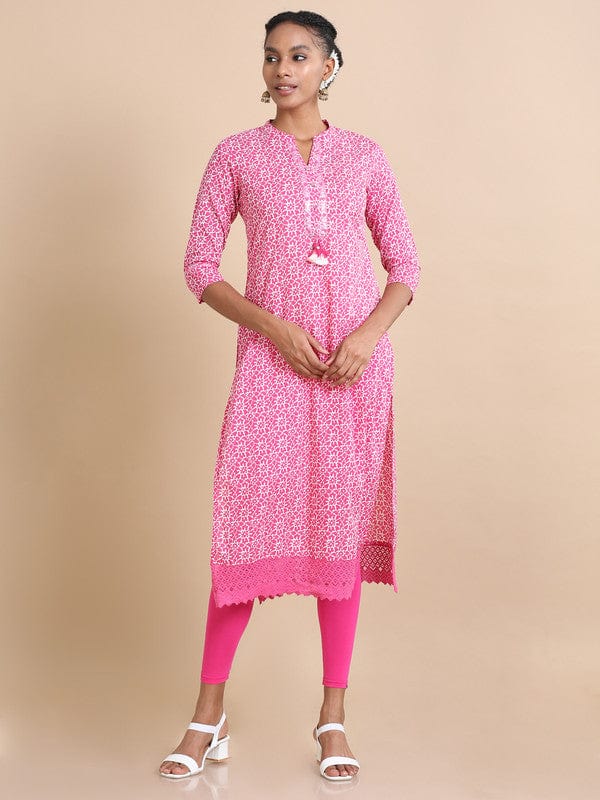 Magenta 3/4th sleeves Cotton Abstract print, mirror work Regular fit Calf length Kurta