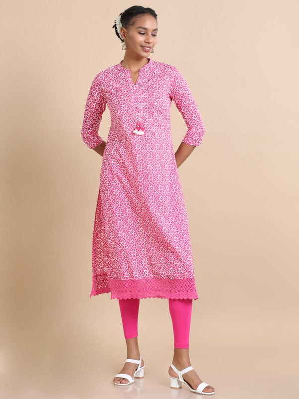 Magenta 3/4th sleeves Cotton Abstract print, mirror work Regular fit Calf length Kurta