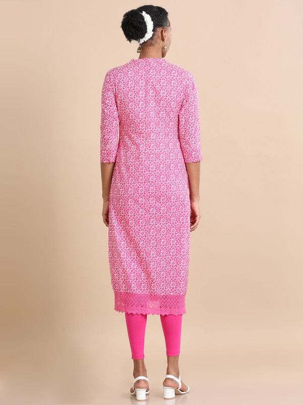 Magenta 3/4th sleeves Cotton Abstract print, mirror work Regular fit Calf length Kurta