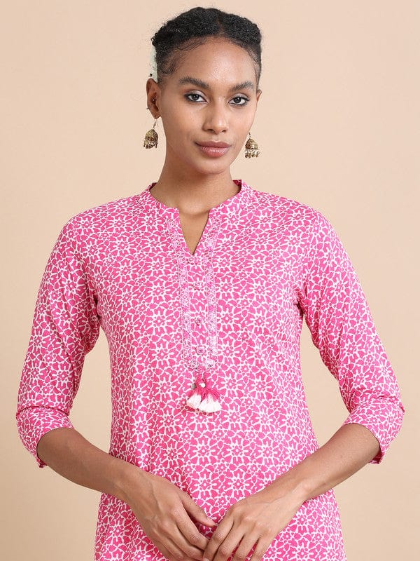 Magenta 3/4th sleeves Cotton Abstract print, mirror work Regular fit Calf length Kurta