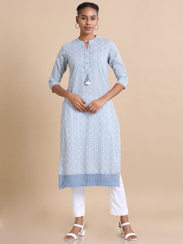 Steel Blue 3/4th sleeves Cotton Abstract print, mirror work Regular fit Calf length Kurta