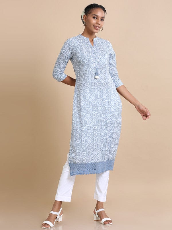 Steel Blue 3/4th sleeves Cotton Abstract print, mirror work Regular fit Calf length Kurta