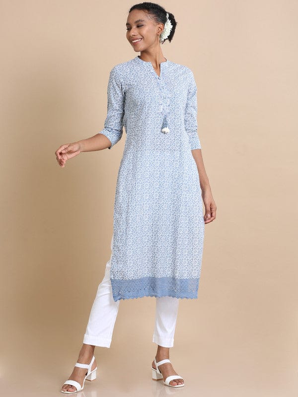 Steel Blue 3/4th sleeves Cotton Abstract print, mirror work Regular fit Calf length Kurta