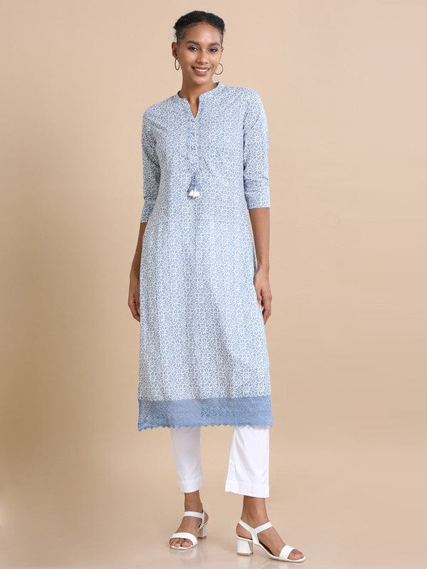 Steel Blue 3/4th sleeves Cotton Abstract print, mirror work Regular fit Calf length Kurta