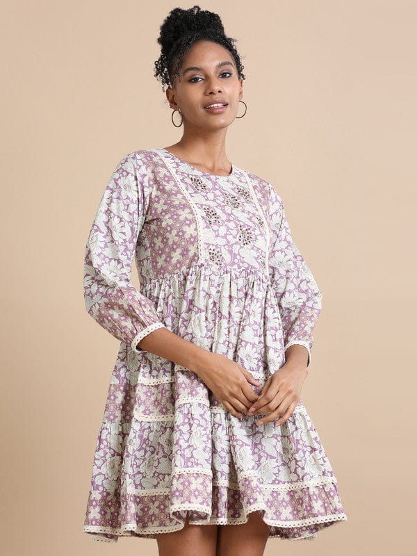 Purple 3/4th sleeves Cotton Floral print, mirror work Regular fit Knee length Kurta