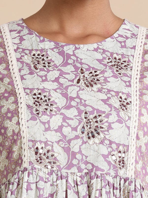 Purple 3/4th sleeves Cotton Floral print, mirror work Regular fit Knee length Kurta