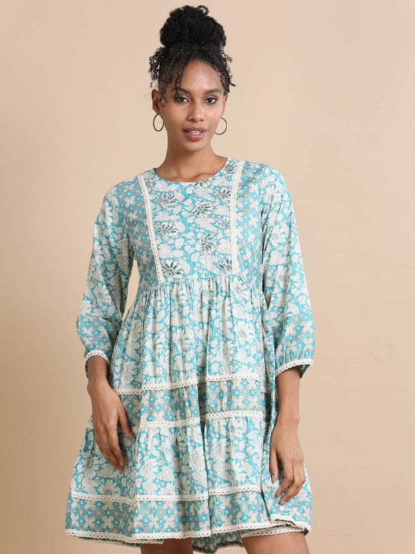 Turquoise 3/4th sleeves Cotton Floral print, mirror work Regular fit Knee length Kurta