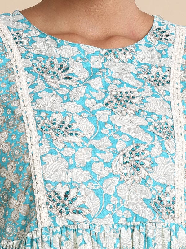 Turquoise 3/4th sleeves Cotton Floral print, mirror work Regular fit Knee length Kurta