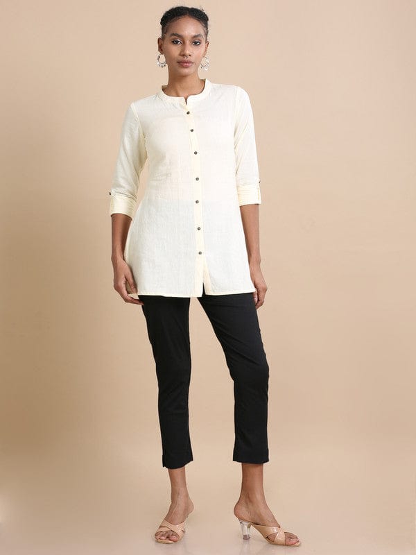 Cream 3/4th sleeves Cotton Solid  Regular fit Hip length Kurta