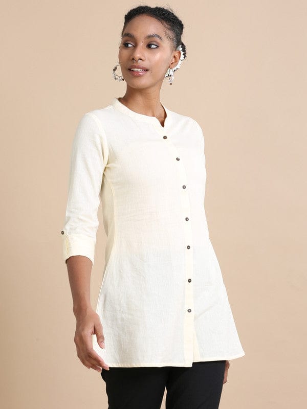 Cream 3/4th sleeves Cotton Solid  Regular fit Hip length Kurta
