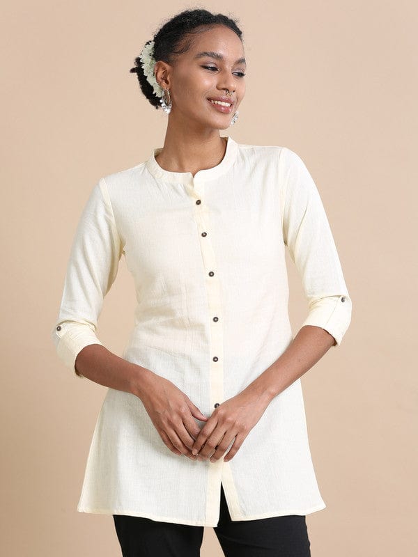 Cream 3/4th sleeves Cotton Solid  Regular fit Hip length Kurta