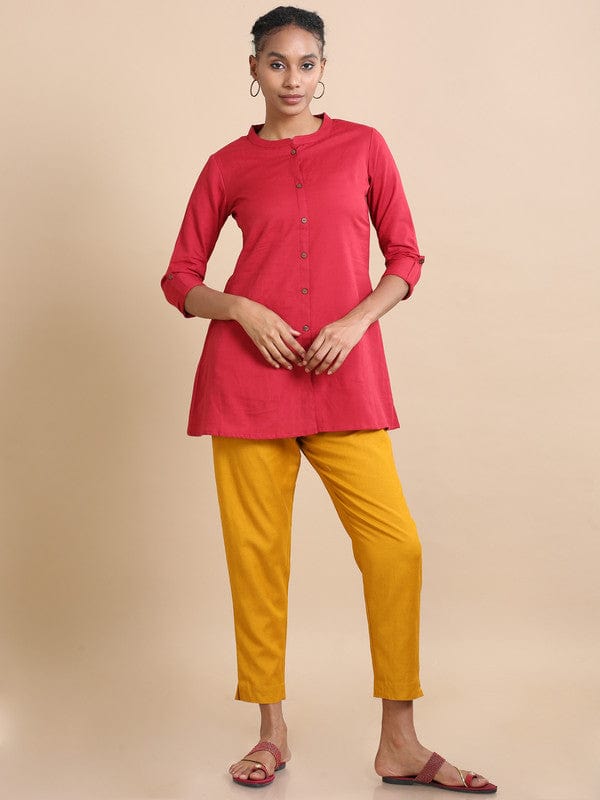 Maroon 3/4th sleeves Cotton Solid  Regular fit Hip length Kurta